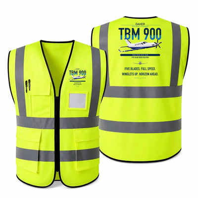 Daher TBM 900 aviation design on fluorescent green high-visibility reflective vest