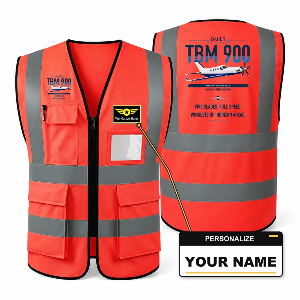 Daher TBM 900 aviation design on red high-visibility reflective vest with custom name badge