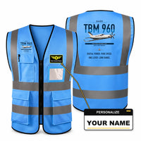 Thumbnail for Daher TBM 960 aviation design on blue high-visibility reflective vest with custom name badge