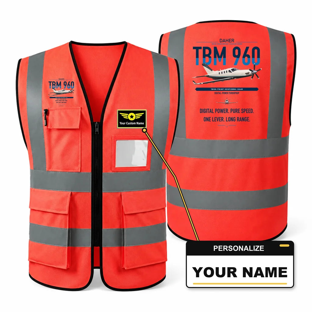 Daher TBM 960 aviation design on red high-visibility reflective vest with custom name badge