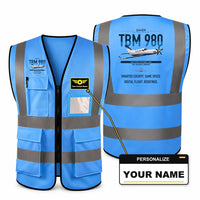 Thumbnail for Daher TBM 980 aviation design on blue high-visibility reflective vest with custom name badge