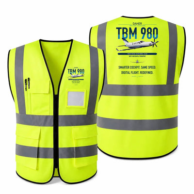 Daher TBM 980 aviation design on fluorescent green high-visibility reflective vest