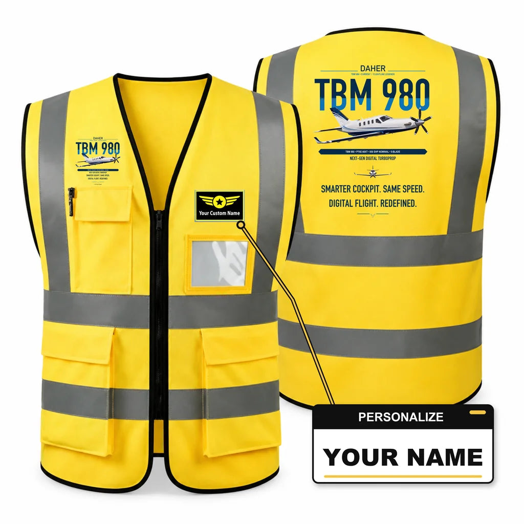 Daher TBM 980 aviation design on yellow high-visibility reflective vest with custom name badge