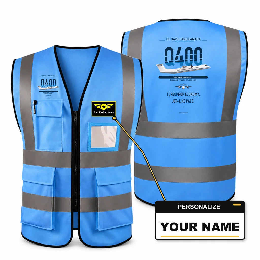 Dash 8-400 aviation design on blue high-visibility reflective vest with custom name badge