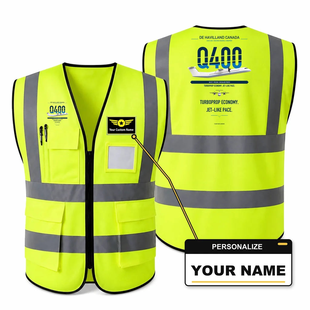 Dash 8-400 aviation design on fluorescent green high-visibility reflective vest with custom name badge