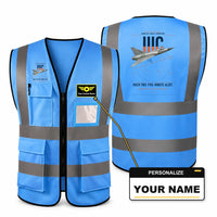 Thumbnail for Dassault Mirage IIIC aviation design on blue high-visibility reflective vest with custom name badge