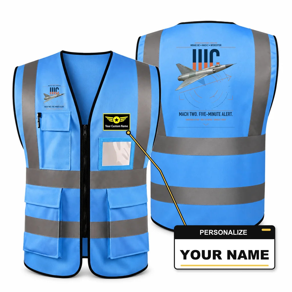 Dassault Mirage IIIC aviation design on blue high-visibility reflective vest with custom name badge