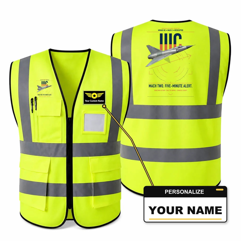 Dassault Mirage IIIC aviation design on fluorescent green high-visibility reflective vest with custom name badge