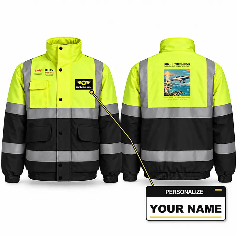 de Havilland Canada DHC-1 Chipmunk Reflective Winter Jackets - Poster + Name - Fluorescent Yellow & Navy
