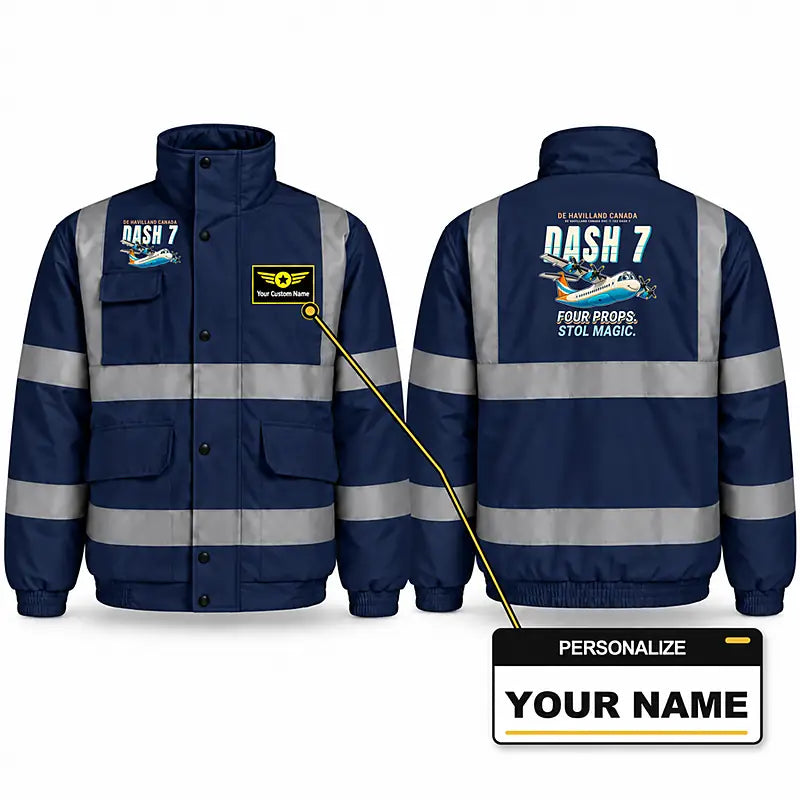 de Havilland Canada DHC-7-102 Dash 7 Reflective Winter Jackets - Cartoon + Name - Navy Blue