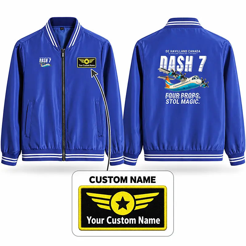 de Havilland Canada DHC-7-102 Dash 7 Stylish Jackets - Baseball Collar - Cartoon + Name - Royal Blue