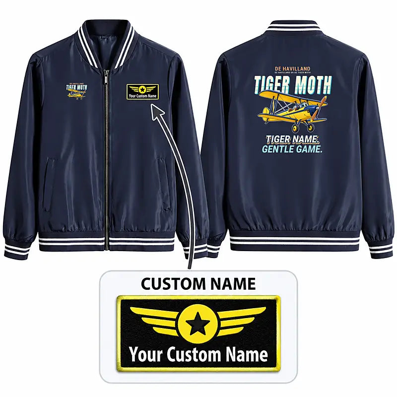 de Havilland DH.82 Tiger Moth Stylish Jackets - Baseball Collar - Cartoon + Name - Navy Blue