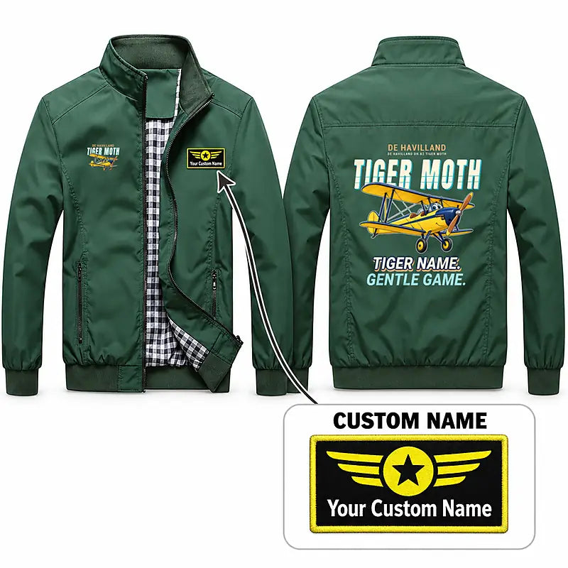 de Havilland DH.82 Tiger Moth Stylish Jackets - Stand Collar - Cartoon + Name - Green