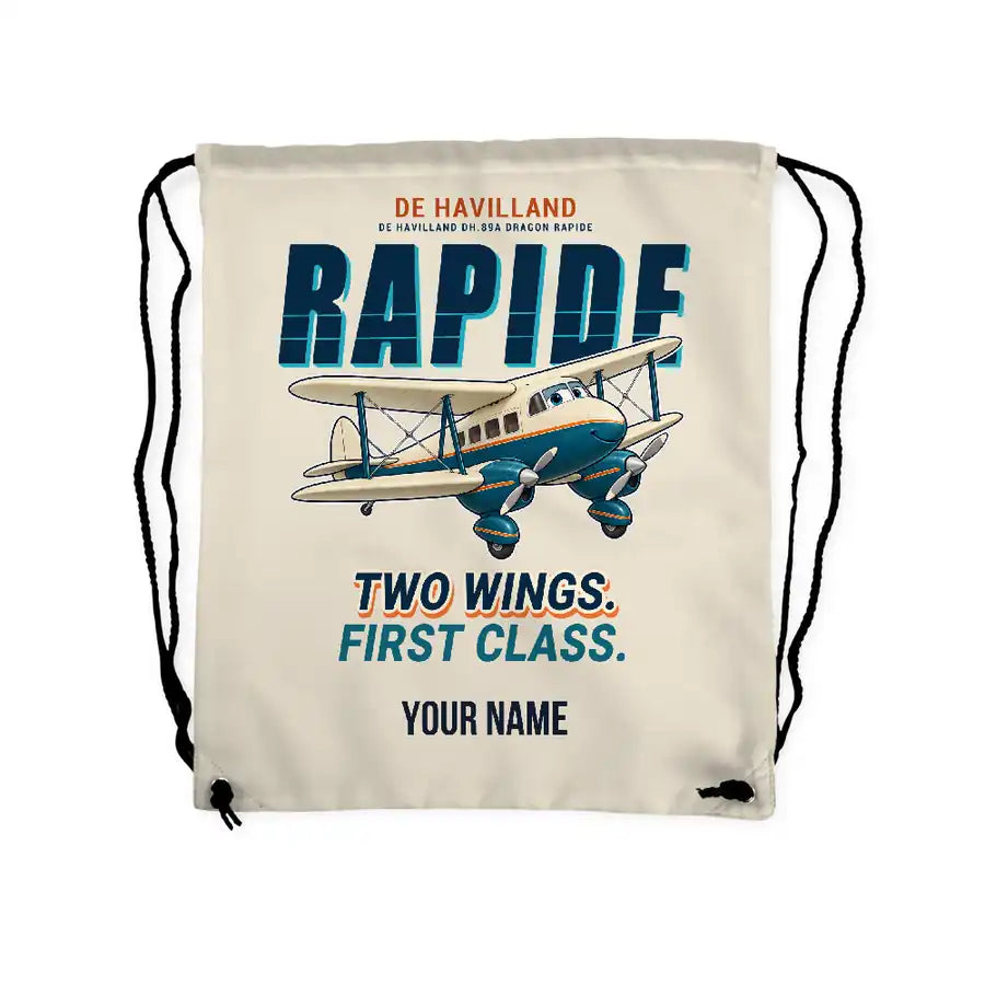 de Havilland DH.89A Dragon Rapide - Drawstring Bag - Cartoon + Name - Beige