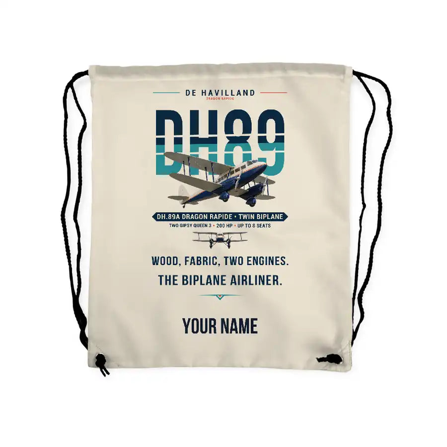 de Havilland DH.89A Dragon Rapide - Drawstring Bag - Original + Name - Beige