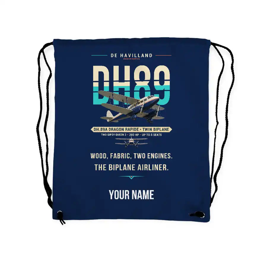 de Havilland DH.89A Dragon Rapide - Drawstring Bag - Original + Name - Dark Blue