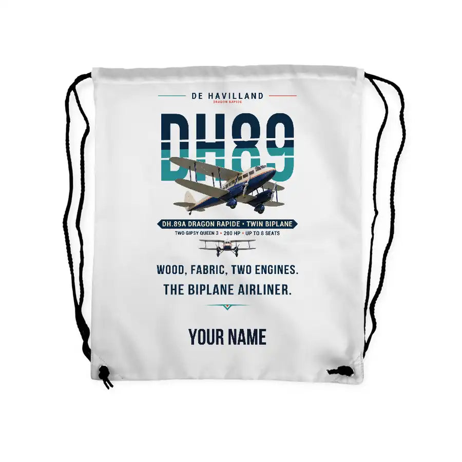de Havilland DH.89A Dragon Rapide - Drawstring Bag - Original + Name - White