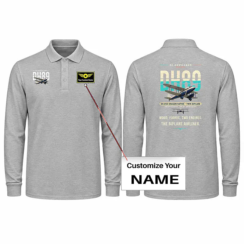 de Havilland DH.89A Dragon Rapide Premium Polo T-Shirts - Original + Name - Long Sleeve - Gray