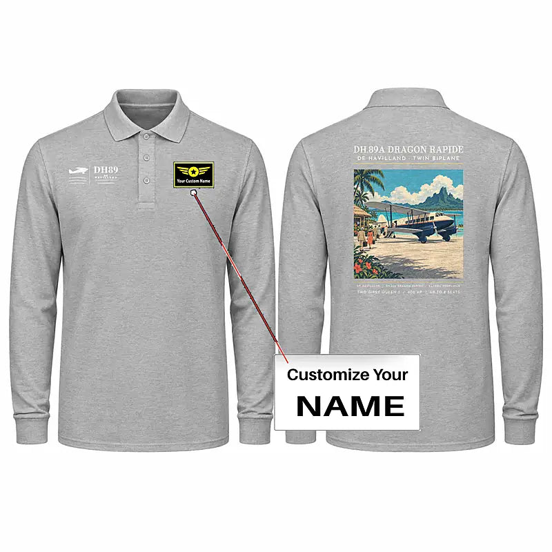 de Havilland DH.89A Dragon Rapide Premium Polo T-Shirts - Poster + Name - Long Sleeve - Gray