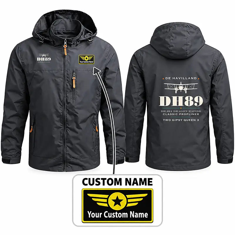 de Havilland DH.89A Dragon Rapide Stylish Jackets - Hooded Windbreaker - Heritage + Name - Charcoal