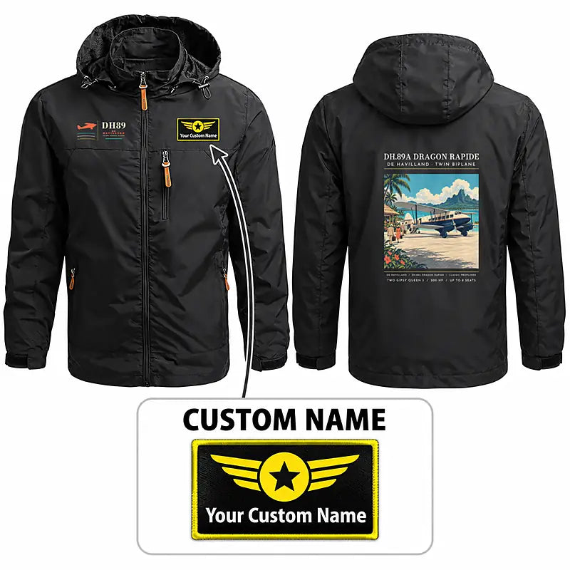de Havilland DH.89A Dragon Rapide Stylish Jackets - Hooded Windbreaker - Poster + Name - Black