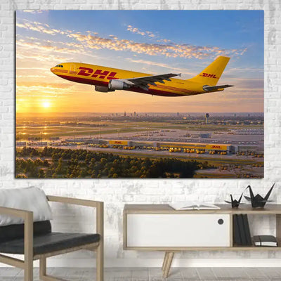 DHL Aviation Airbus A300-600F cargo flight above a European logistics hub in golden morning light canvas - 1 Piece