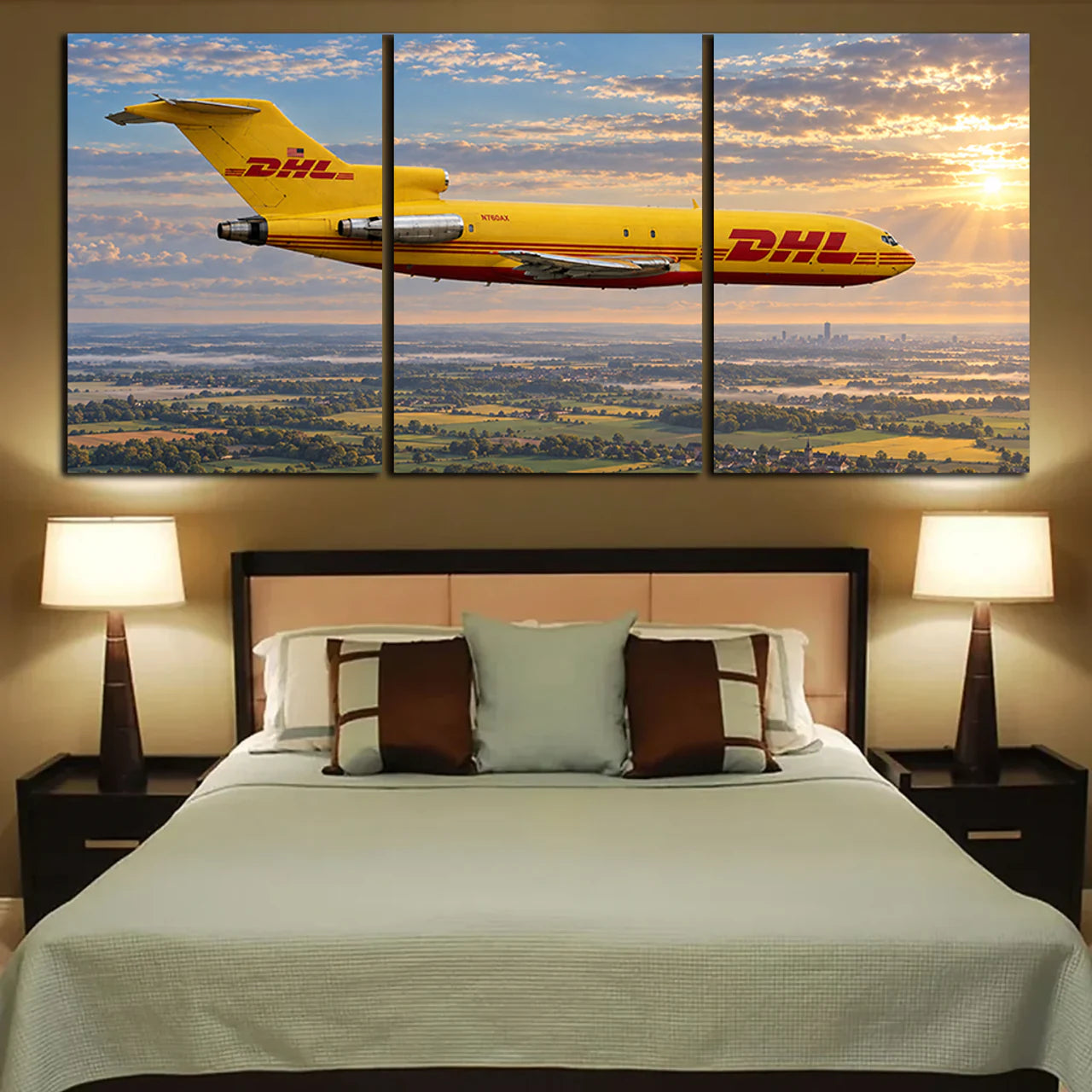 DHL Aviation Boeing 727-200F historic tri-jet cargo flight above Belgium in crisp morning light canvas - 3 Pieces