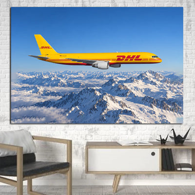 DHL Aviation Boeing 757-200F narrow-body cargo flight beside snowy Alps under clear light canvas - 1 Piece