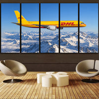 Thumbnail for DHL Aviation Boeing 757-200F narrow-body cargo flight beside snowy Alps under clear light canvas - 5 Pieces