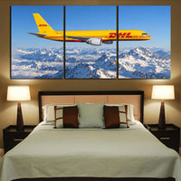 Thumbnail for DHL Aviation Boeing 757-200F narrow-body cargo flight beside snowy Alps under clear light canvas - 3 Pieces