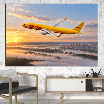 DHL Aviation Boeing 767-300F wide-body cargo departure above Ohio river mist at dawn canvas - 1 Piece