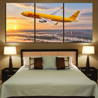 Thumbnail for DHL Aviation Boeing 767-300F wide-body cargo departure above Ohio river mist at dawn canvas - 3 Pieces