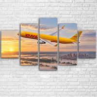 Thumbnail for DHL Aviation Boeing 767-300F wide-body cargo departure above Ohio river mist at dawn canvas - Multiple (5 Panels)