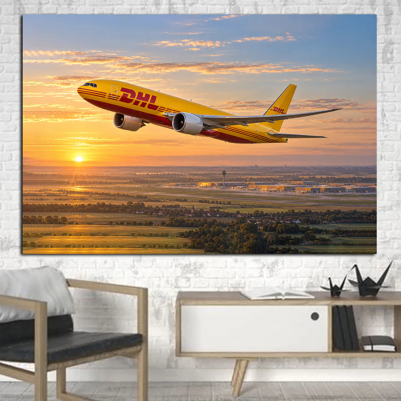DHL Aviation Boeing 777F long-range cargo climb above Leipzig at sunrise canvas - 1 Piece