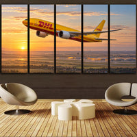 Thumbnail for DHL Aviation Boeing 777F long-range cargo climb above Leipzig at sunrise canvas - 5 Pieces