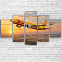 Thumbnail for DHL Aviation Boeing 777F long-range cargo climb above Leipzig at sunrise canvas - Multiple (5 Panels)