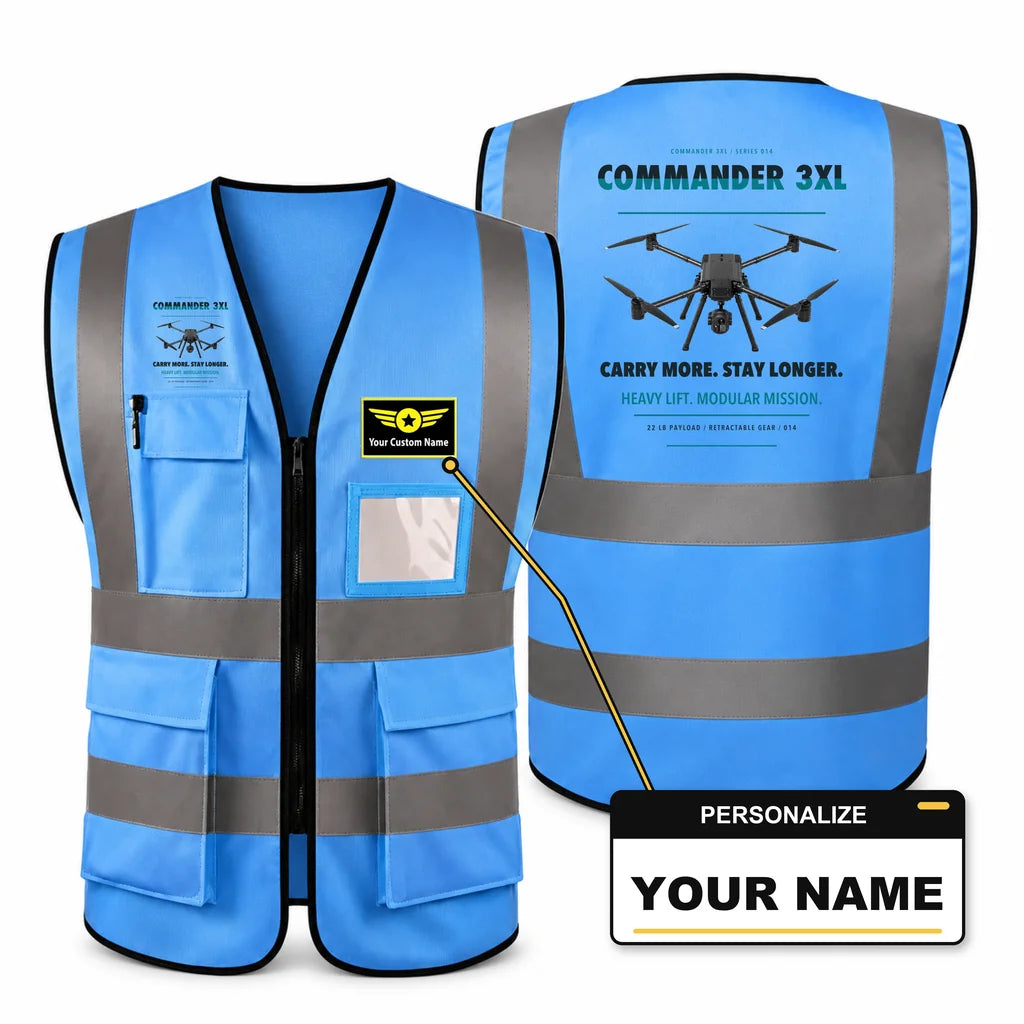 Draganfly Commander 3XL aviation design on blue high-visibility reflective vest with custom name badge