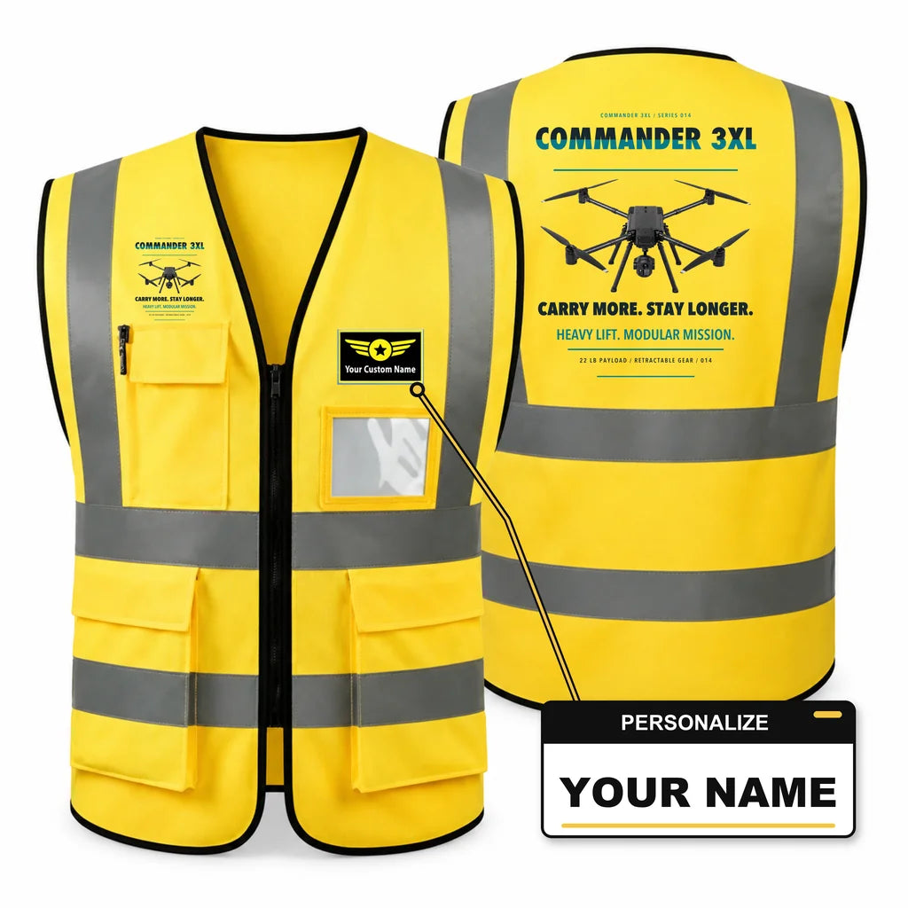 Draganfly Commander 3XL aviation design on yellow high-visibility reflective vest with custom name badge