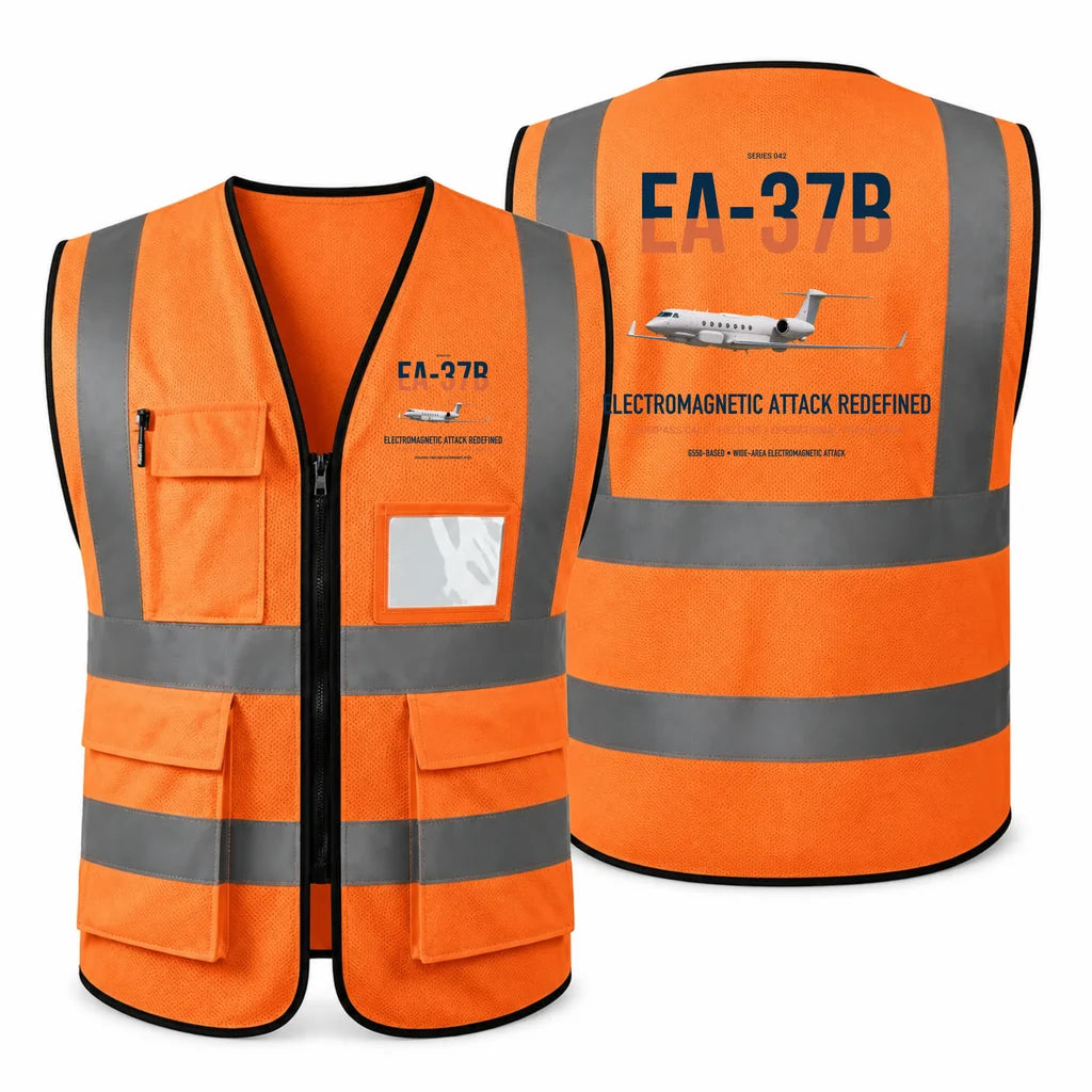 EA-37B Compass Call aviation design on orange high-visibility reflective vest