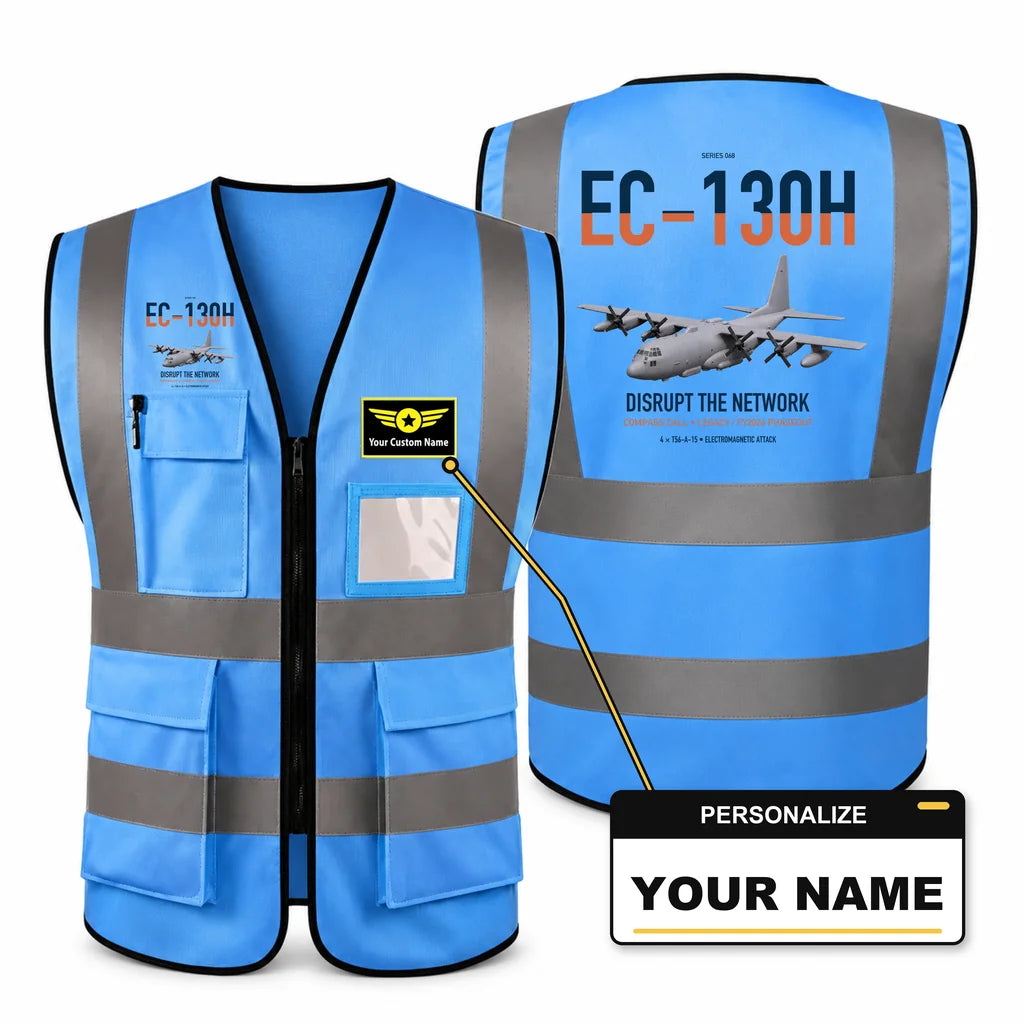 EC-130H Compass Call aviation design on blue high-visibility reflective vest with custom name badge