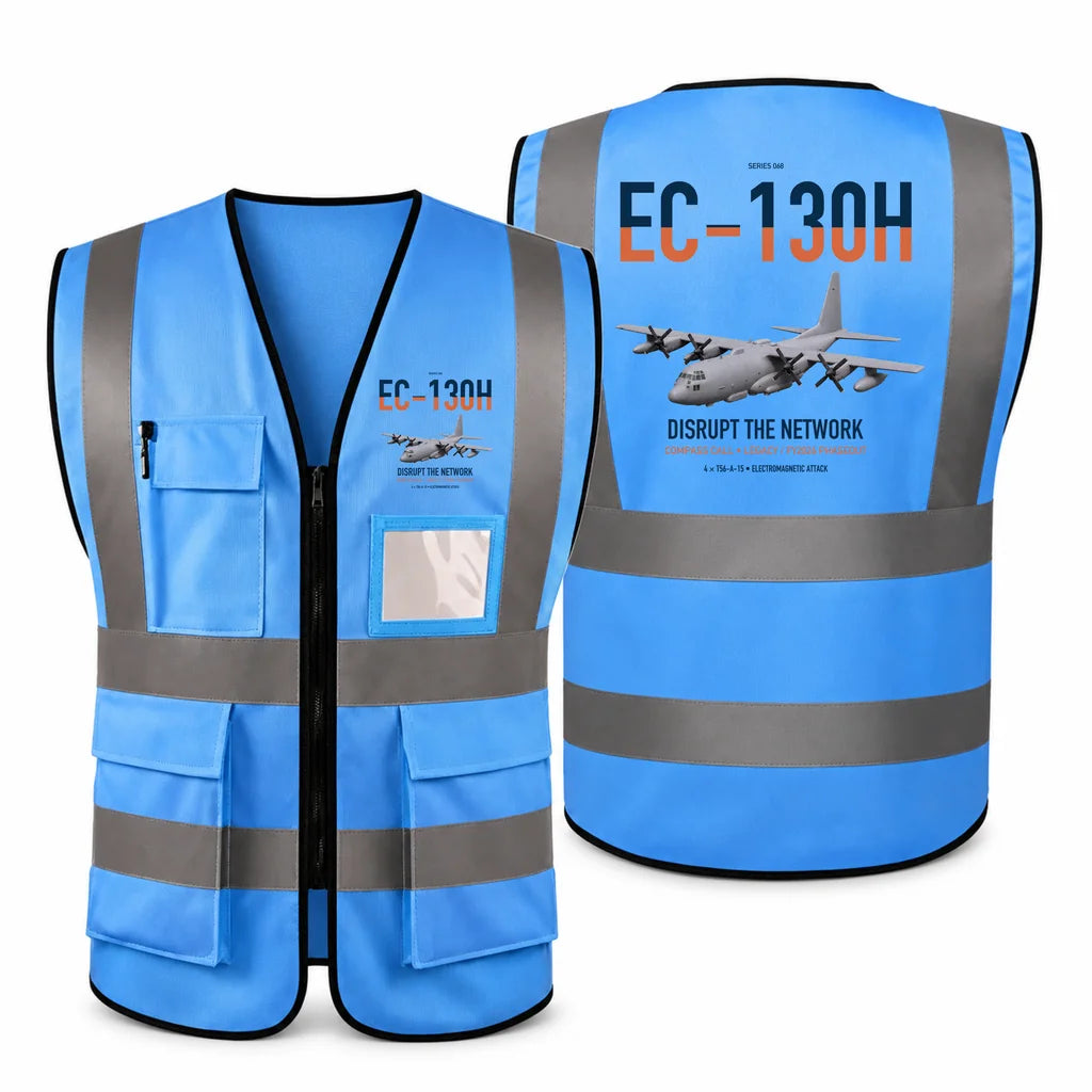 EC-130H Compass Call aviation design on blue high-visibility reflective vest