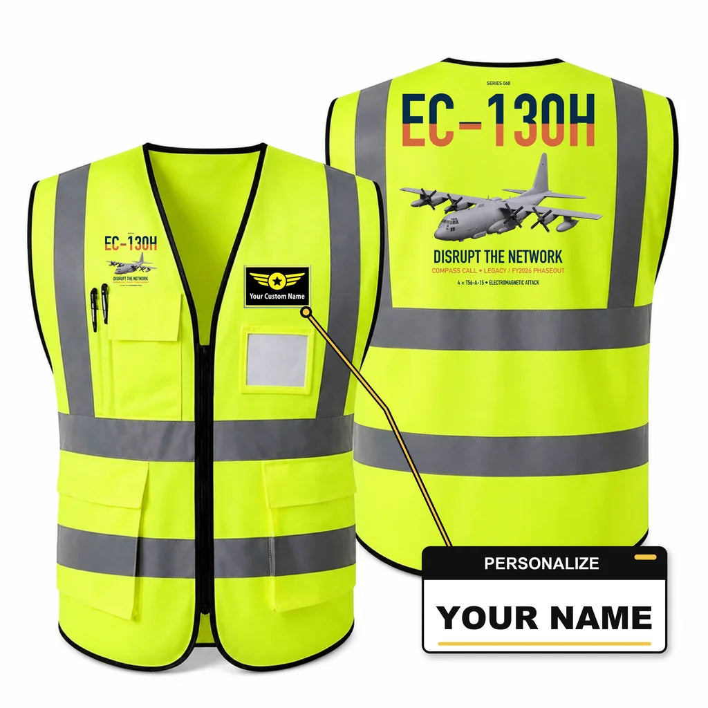 EC-130H Compass Call aviation design on fluorescent green high-visibility reflective vest with custom name badge