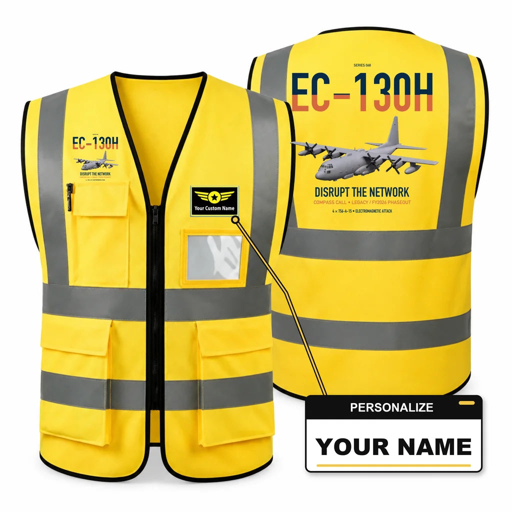 EC-130H Compass Call aviation design on yellow high-visibility reflective vest with custom name badge