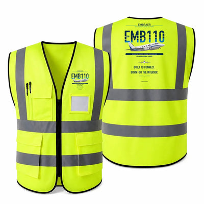 Embraer EMB 110 Bandeirante aviation design on fluorescent green high-visibility reflective vest
