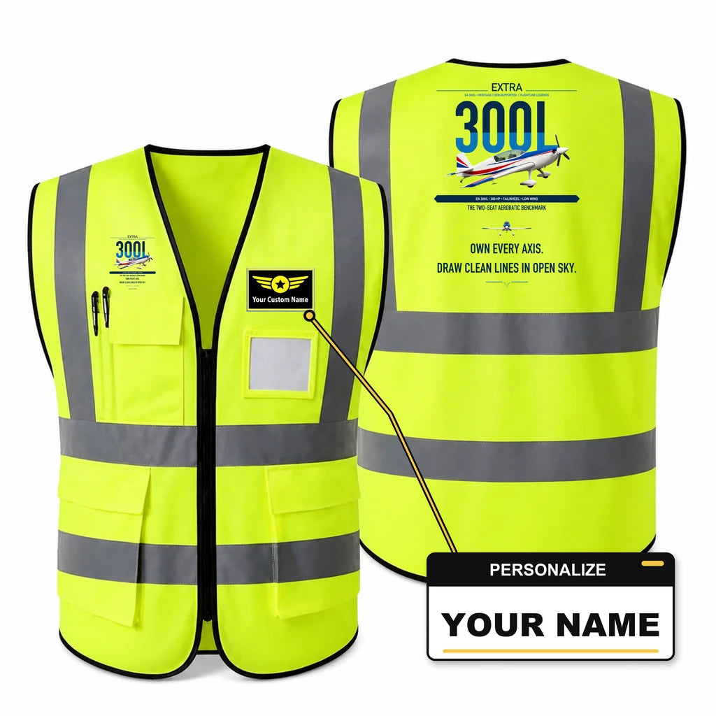 Extra 300L aviation design on fluorescent green high-visibility reflective vest with custom name badge