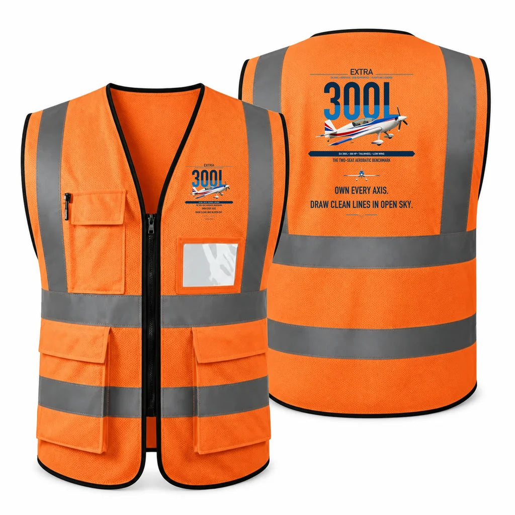 Extra 300L aviation design on orange high-visibility reflective vest