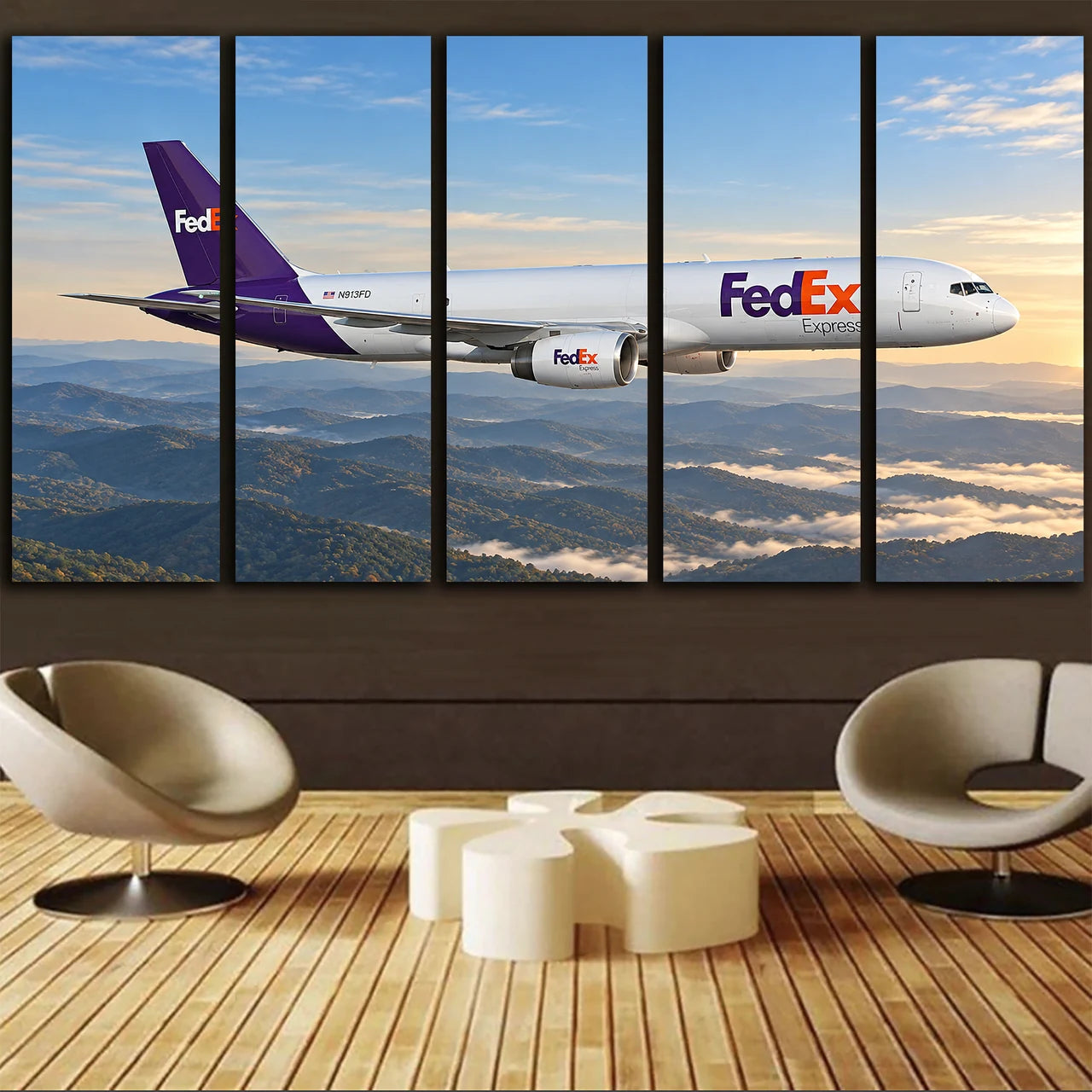 FedEx Express Boeing 757-200F clean cargo flight above the Appalachians in clear morning light canvas - 5 Pieces