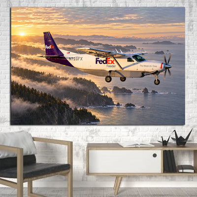 FedEx Express Cessna 208B Super Cargomaster low-altitude feeder flight above a misty island coastline in morning light canvas - 1 Piece