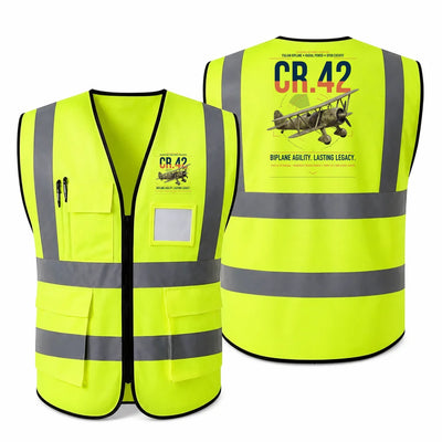 Fiat CR.42 Falco aviation design on fluorescent green high-visibility reflective vest