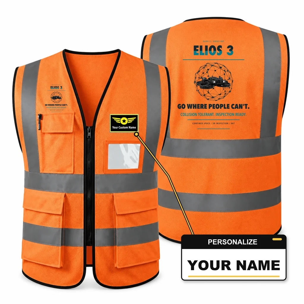 Flyability Elios 3 aviation design on orange high-visibility reflective vest with custom name badge